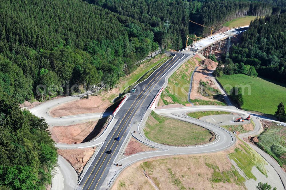 Uslar from above - Baustelle der neuen Umgehungsstraße / Bundesstraße B241 mit neuen Brückenbauwerken / Talbrücke Volpriehausen nahe Uslar in Niedersachsen. Ein Projekt der EUROVIA. Construction site of the new circuitous road B241 with new bidges / viaduct Volpriehausen in the near of Uslar in Lower Saxony.