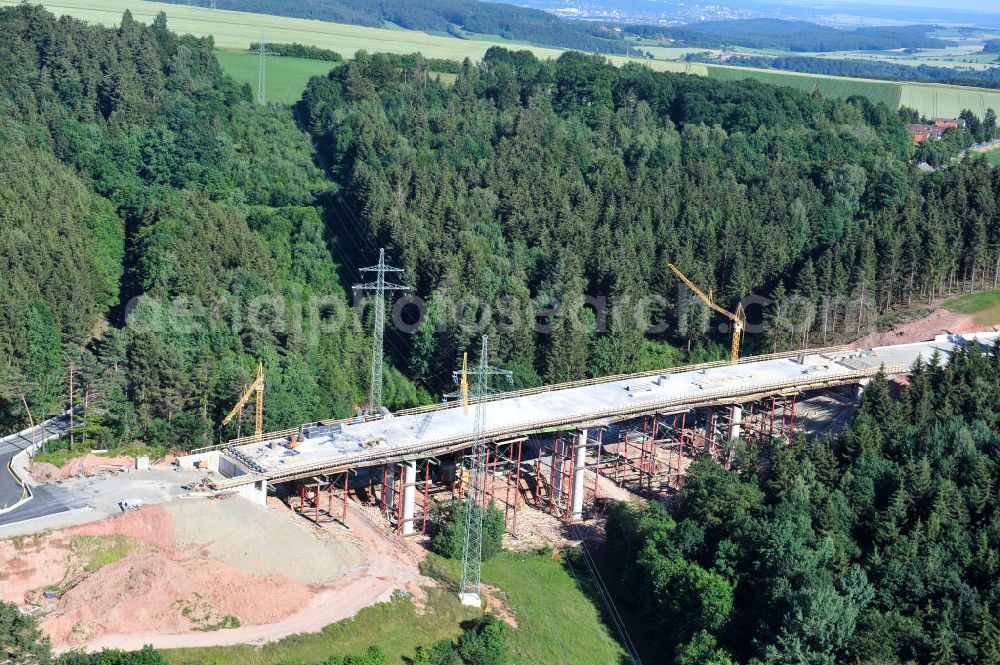 Aerial image Uslar - Baustelle der neuen Umgehungsstraße / Bundesstraße B241 mit neuen Brückenbauwerken / Talbrücke Volpriehausen nahe Uslar in Niedersachsen. Ein Projekt der EUROVIA. Construction site of the new circuitous road B241 with new bidges / viaduct Volpriehausen in the near of Uslar in Lower Saxony.