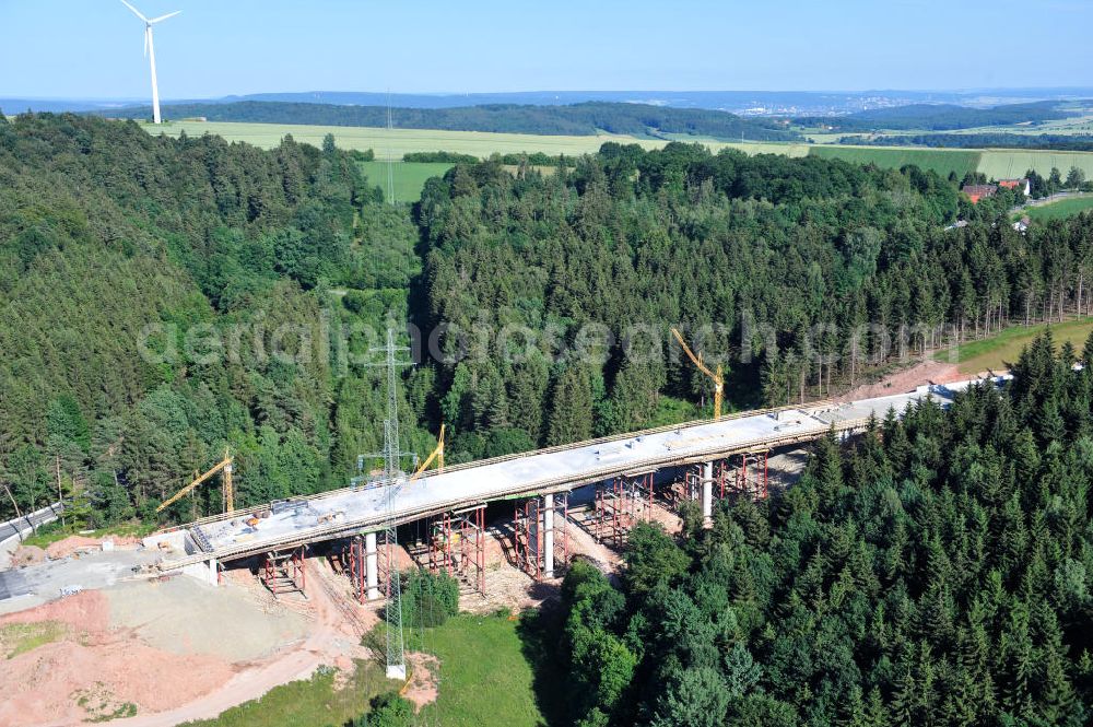 Aerial photograph Uslar - Baustelle der neuen Umgehungsstraße / Bundesstraße B241 mit neuen Brückenbauwerken / Talbrücke Volpriehausen nahe Uslar in Niedersachsen. Ein Projekt der EUROVIA. Construction site of the new circuitous road B241 with new bidges / viaduct Volpriehausen in the near of Uslar in Lower Saxony.