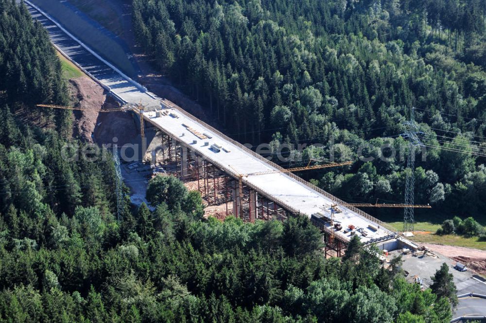 Uslar from above - Baustelle der neuen Umgehungsstraße / Bundesstraße B241 mit neuen Brückenbauwerken / Talbrücke Volpriehausen nahe Uslar in Niedersachsen. Ein Projekt der EUROVIA. Construction site of the new circuitous road B241 with new bidges / viaduct Volpriehausen in the near of Uslar in Lower Saxony.