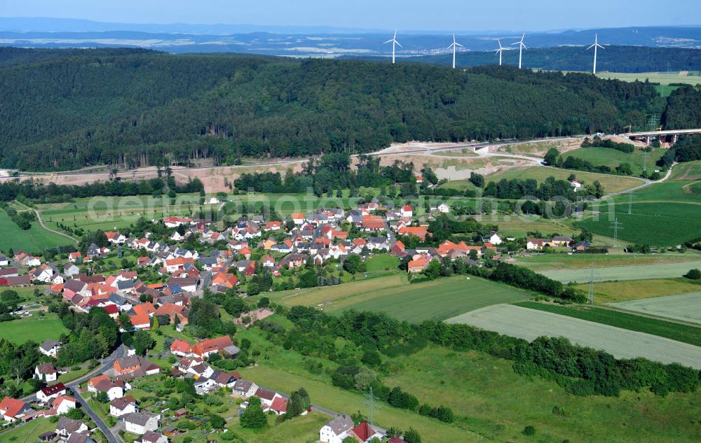 Uslar from the bird's eye view: Baustelle der neuen Umgehungsstraße / Bundesstraße B241 mit neuen Brückenbauwerken / Talbrücke Volpriehausen nahe Uslar in Niedersachsen. Ein Projekt der EUROVIA. Construction site of the new circuitous road B241 with new bidges / viaduct Volpriehausen in the near of Uslar in Lower Saxony.