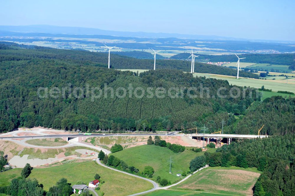 Aerial image Uslar - Baustelle der neuen Umgehungsstraße / Bundesstraße B241 mit neuen Brückenbauwerken / Talbrücke Volpriehausen nahe Uslar in Niedersachsen. Ein Projekt der EUROVIA. Construction site of the new circuitous road B241 with new bidges / viaduct Volpriehausen in the near of Uslar in Lower Saxony.