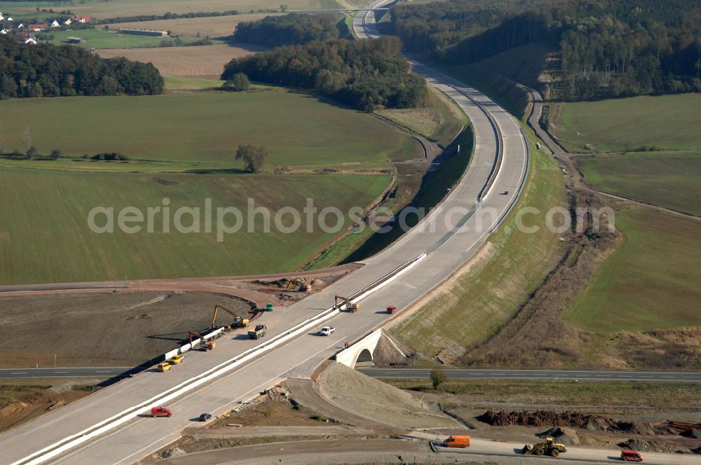 Eisenach from the bird's eye view: Blick auf die Baustelle einer Unterführung der Ausfahrt / Anschlussstelle Eisenach-West der A4. Der Neubau ist Teil des Projekt Nordverlegung / Umfahrung Hörselberge der Autobahn E40 / A4 in Thüringen bei Eisenach. Durchgeführt werden die im Zuge dieses Projektes notwendigen Arbeiten unter an derem von den Mitarbeitern der Niederlassung Weimar der EUROVIA Verkehrsbau Union sowie der Niederlassungen Abbruch und Erdbau, Betonstraßenbau, Ingenieurbau und TECO Schallschutz der EUROVIA Beton sowie der DEGES.