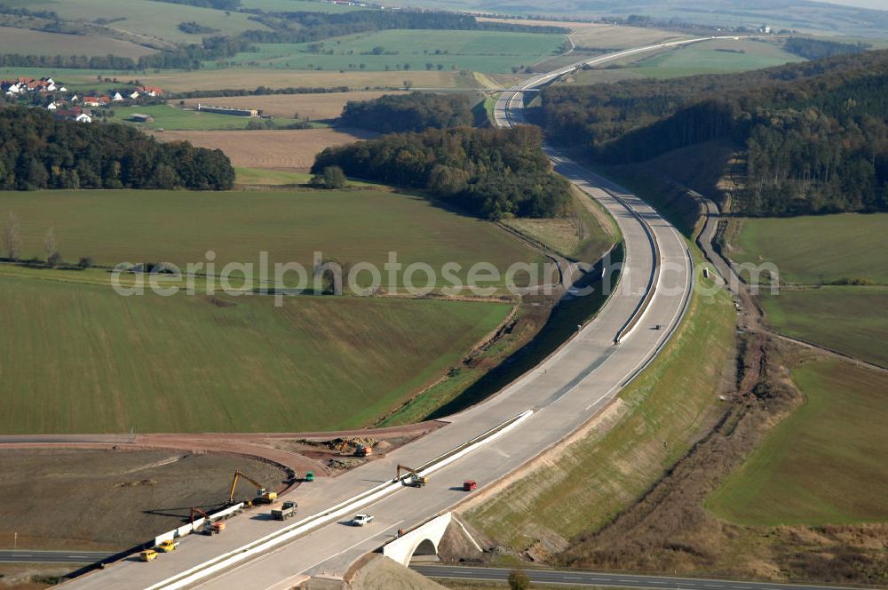 Aerial image Eisenach - Blick auf die Baustelle einer Unterführung der Ausfahrt / Anschlussstelle Eisenach-West der A4. Der Neubau ist Teil des Projekt Nordverlegung / Umfahrung Hörselberge der Autobahn E40 / A4 in Thüringen bei Eisenach. Durchgeführt werden die im Zuge dieses Projektes notwendigen Arbeiten unter an derem von den Mitarbeitern der Niederlassung Weimar der EUROVIA Verkehrsbau Union sowie der Niederlassungen Abbruch und Erdbau, Betonstraßenbau, Ingenieurbau und TECO Schallschutz der EUROVIA Beton sowie der DEGES.