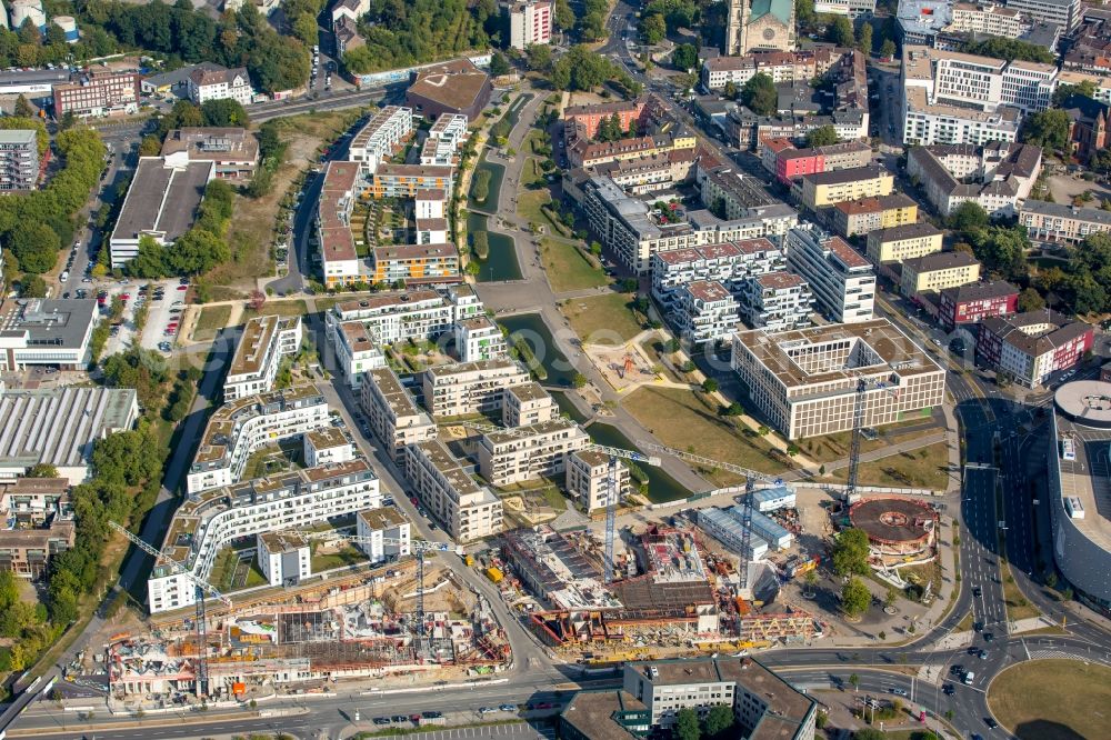 Essen from above - Construction site for the office building of Funke Media Group on Berliner Platz in Essen in the state of North Rhine-Westphalia. Executing construction company is Hochtief Aktiengesellschaft