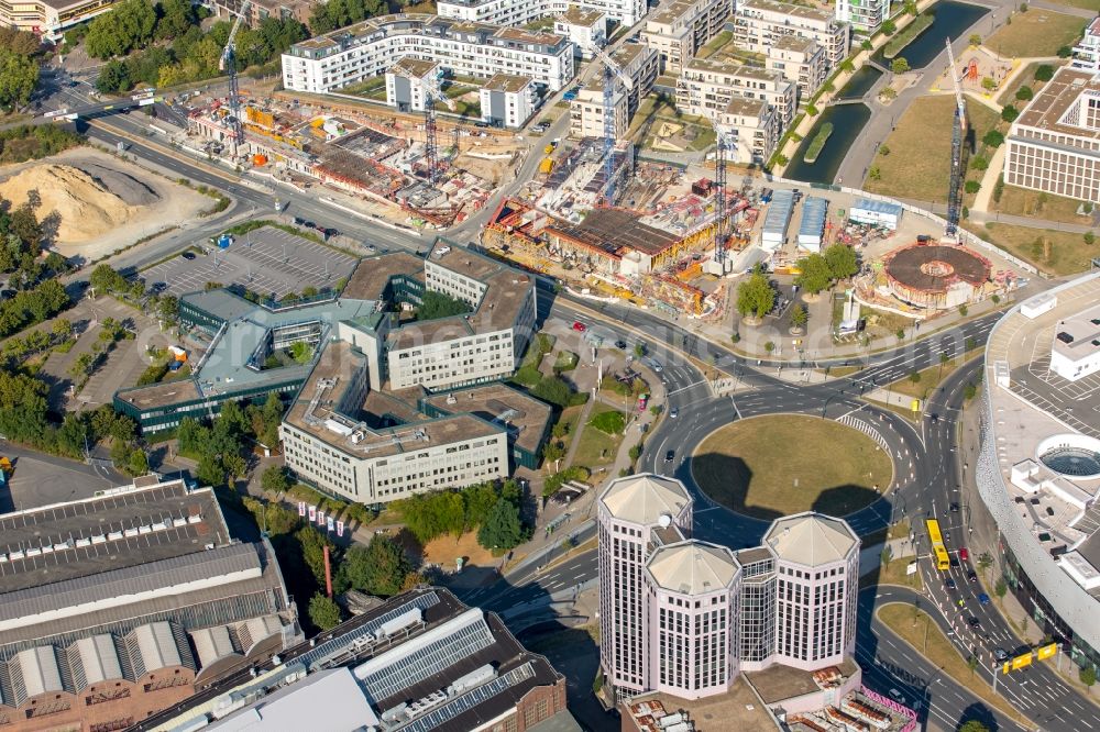 Essen from above - Construction site for the office building of Funke Media Group on Berliner Platz in Essen in the state of North Rhine-Westphalia. Executing construction company is Hochtief Aktiengesellschaft