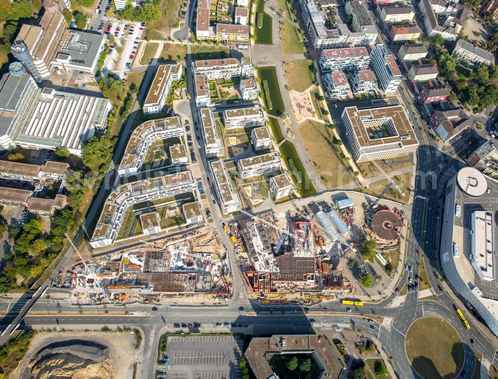 Essen from above - Construction site for the office building of Funke Media Group on Berliner Platz in Essen in the state of North Rhine-Westphalia. Executing construction company is Hochtief Aktiengesellschaft