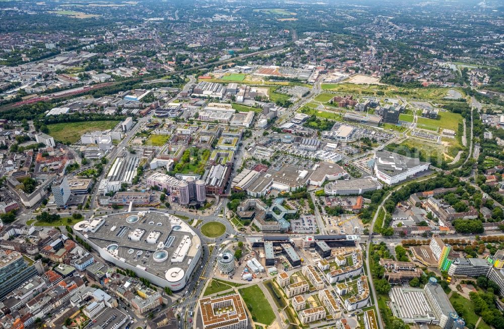 Aerial image Essen - Construction site for the office building of Funke Media Group on Berliner Platz in Essen in the state of North Rhine-Westphalia. Executing construction company is Hochtief Aktiengesellschaft