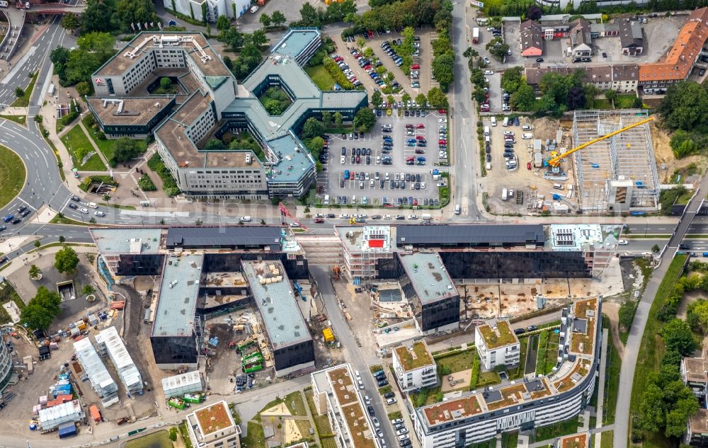 Essen from above - Construction site for the office building of Funke Media Group on Berliner Platz in Essen in the state of North Rhine-Westphalia. Executing construction company is Hochtief Aktiengesellschaft