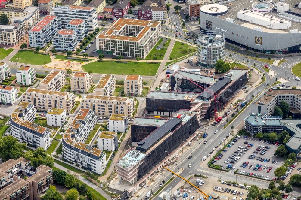 Aerial image Essen - Construction site for the office building of Funke Media Group on Berliner Platz in Essen in the state of North Rhine-Westphalia. Executing construction company is Hochtief Aktiengesellschaft