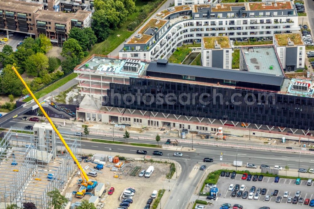 Essen from above - Construction site for the office building of Funke Media Group on Berliner Platz in Essen in the state of North Rhine-Westphalia. Executing construction company is Hochtief Aktiengesellschaft