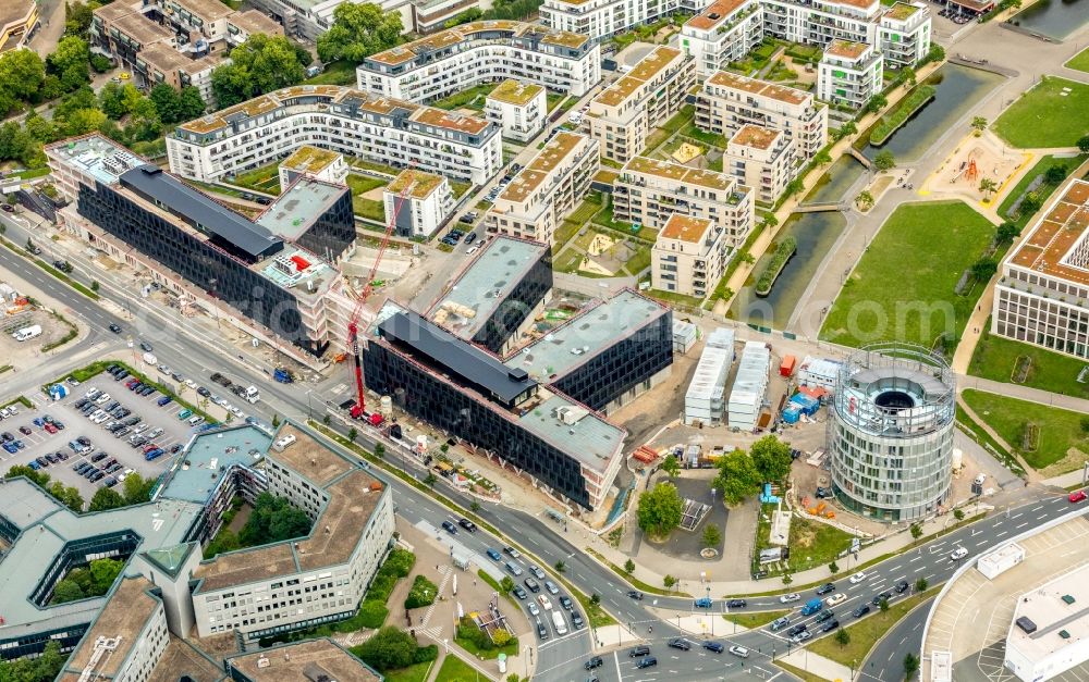 Essen from above - Construction site for the office building of Funke Media Group on Berliner Platz in Essen in the state of North Rhine-Westphalia. Executing construction company is Hochtief Aktiengesellschaft