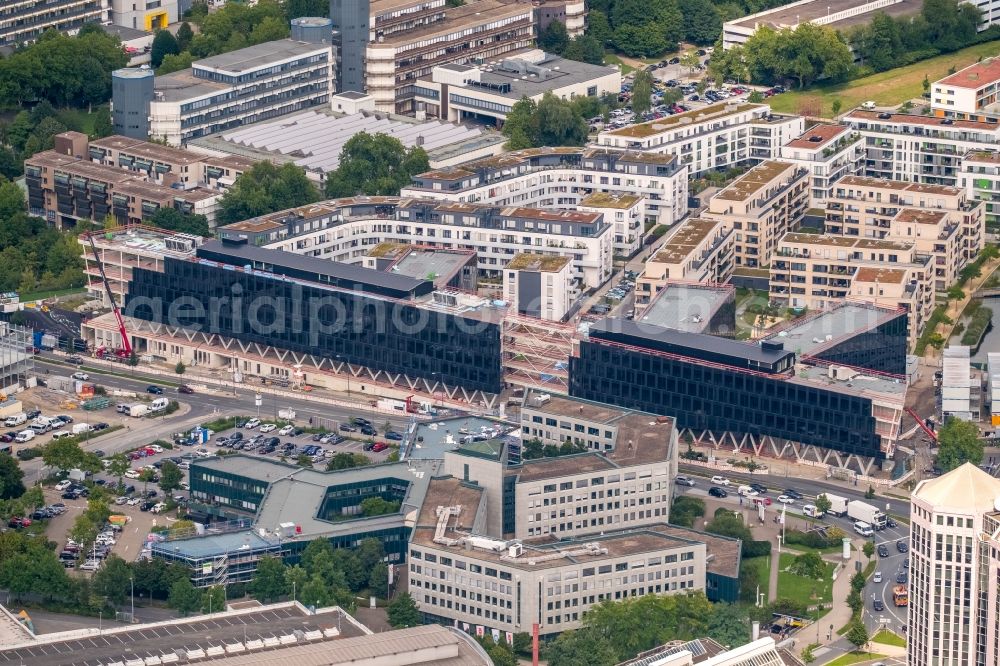 Essen from above - Construction site for the office building of Funke Media Group on Berliner Platz in Essen in the state of North Rhine-Westphalia. Executing construction company is Hochtief Aktiengesellschaft