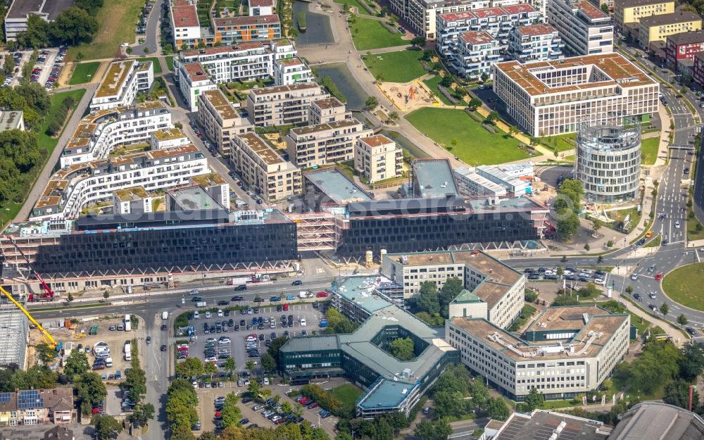 Essen from above - Construction site for the office building of Funke Media Group on Berliner Platz in Essen in the state of North Rhine-Westphalia. Executing construction company is Hochtief Aktiengesellschaft