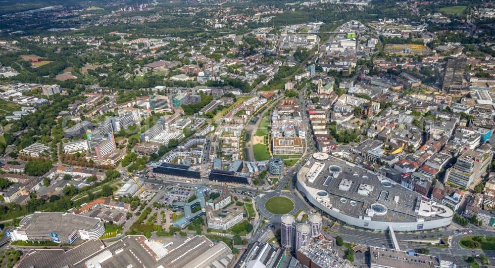 Essen from the bird's eye view: Construction site for the office building of Funke Media Group on Berliner Platz in Essen in the state of North Rhine-Westphalia. Executing construction company is Hochtief Aktiengesellschaft