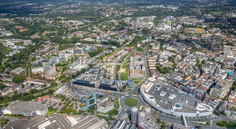 Essen from above - Construction site for the office building of Funke Media Group on Berliner Platz in Essen in the state of North Rhine-Westphalia. Executing construction company is Hochtief Aktiengesellschaft