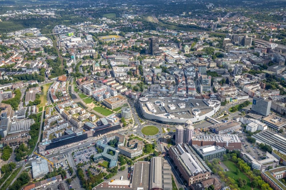 Essen from the bird's eye view: Construction site for the office building of Funke Media Group on Berliner Platz in Essen in the state of North Rhine-Westphalia. Executing construction company is Hochtief Aktiengesellschaft