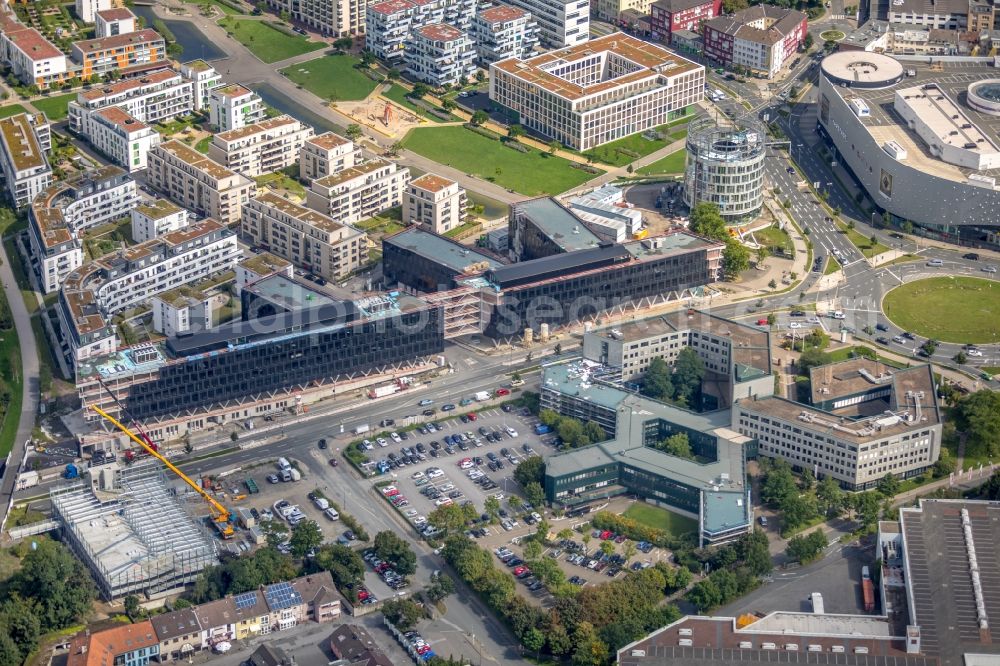 Aerial image Essen - Construction site for the office building of Funke Media Group on Berliner Platz in Essen in the state of North Rhine-Westphalia. Executing construction company is Hochtief Aktiengesellschaft