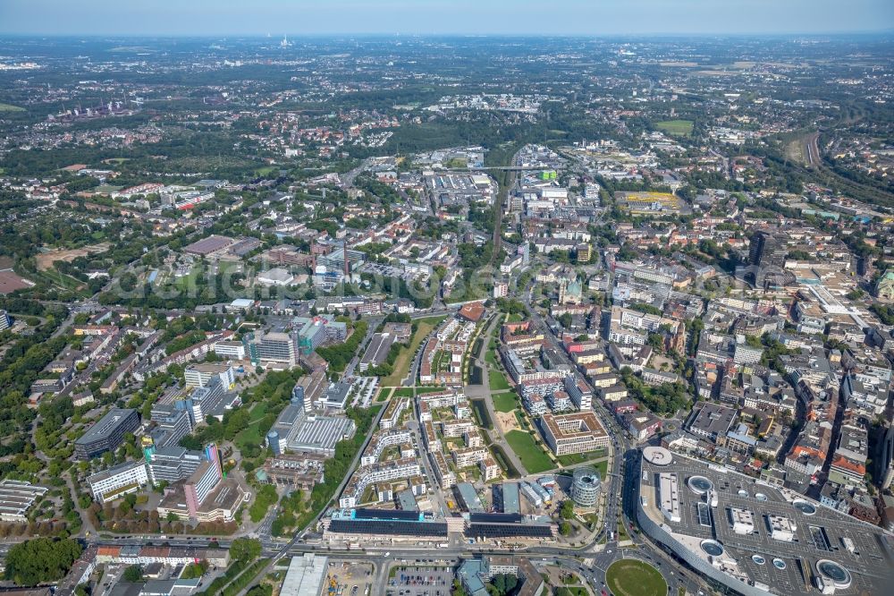 Essen from above - Construction site for the office building of Funke Media Group on Berliner Platz in Essen in the state of North Rhine-Westphalia. Executing construction company is Hochtief Aktiengesellschaft