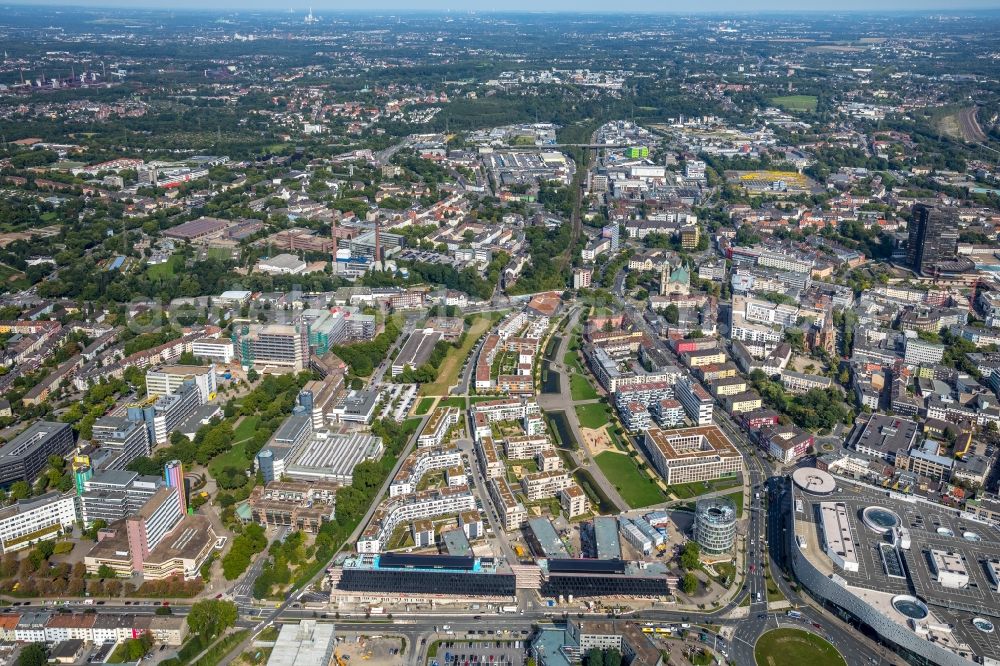 Essen from above - Construction site for the office building of Funke Media Group on Berliner Platz in Essen in the state of North Rhine-Westphalia. Executing construction company is Hochtief Aktiengesellschaft