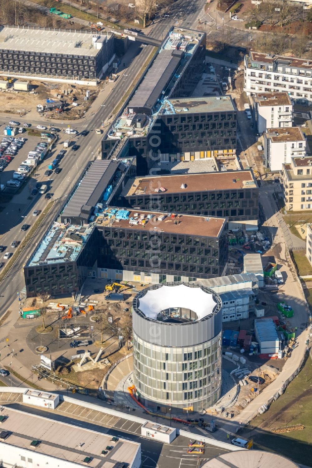 Essen from above - Construction site for the office building of Funke Media Group on Berliner Platz in Essen in the state of North Rhine-Westphalia