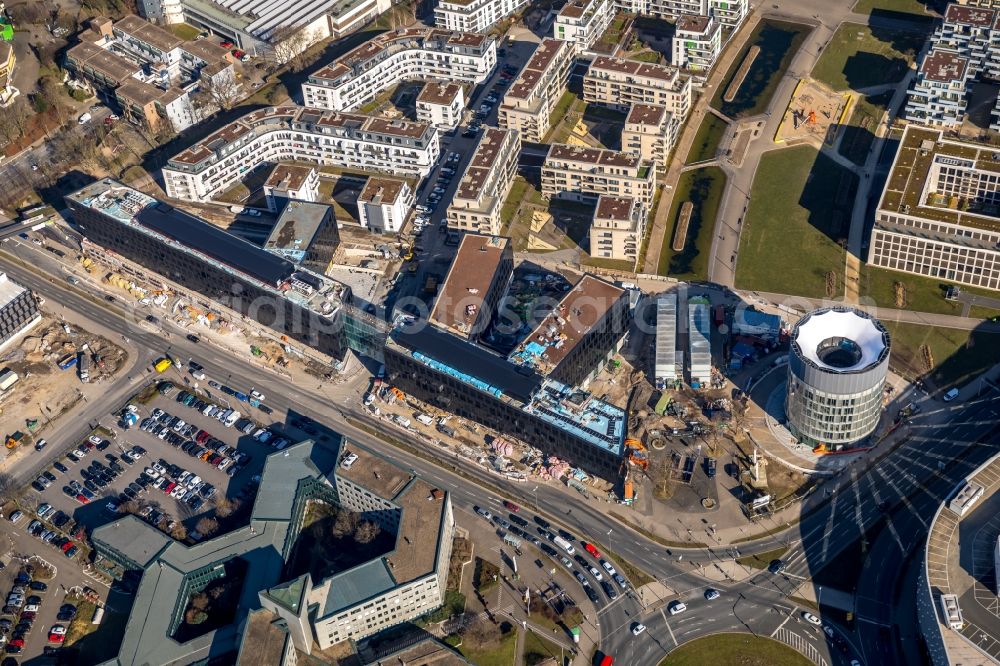 Essen from the bird's eye view: Construction site for the office building of Funke Media Group on Berliner Platz in Essen in the state of North Rhine-Westphalia