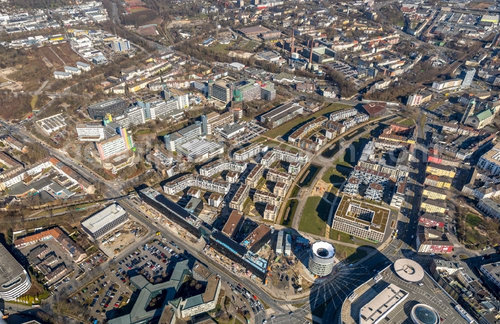 Aerial image Essen - Construction site for the office building of Funke Media Group on Berliner Platz in Essen in the state of North Rhine-Westphalia