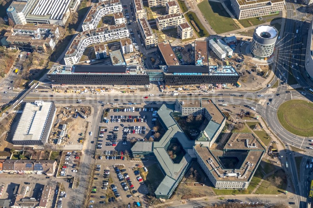 Aerial photograph Essen - Construction site for the office building of Funke Media Group on Berliner Platz in Essen in the state of North Rhine-Westphalia