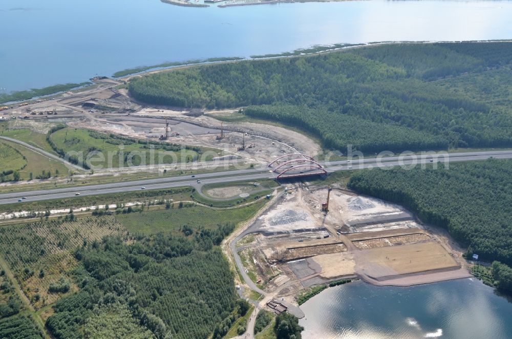 Zwenkau from above - Construction Iste of new build connecting cannel Harthkanal between the Lake Zwenkau and Lake Cospuden with the leading highway bridge of the federal motorway A38 in Zwenkau in Saxony