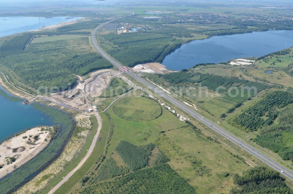 Aerial photograph Zwenkau - Construction Iste of new build connecting cannel Harthkanal between the Lake Zwenkau and Lake Cospuden with the leading highway bridge of the federal motorway A38 in Zwenkau in Saxony