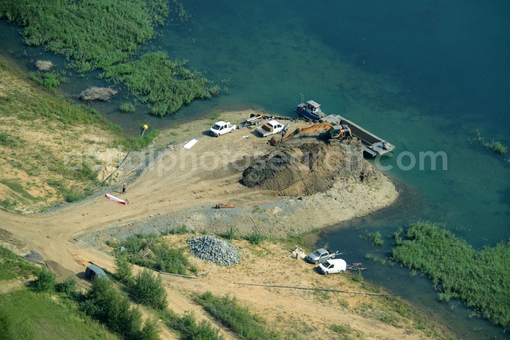 Zwenkau from above - Construction Iste of new build connecting cannel Harthkanal between the Lake Zwenkau and Lake Cospuden with the leading highway bridge of the federal motorway A38 in Zwenkau in Saxony