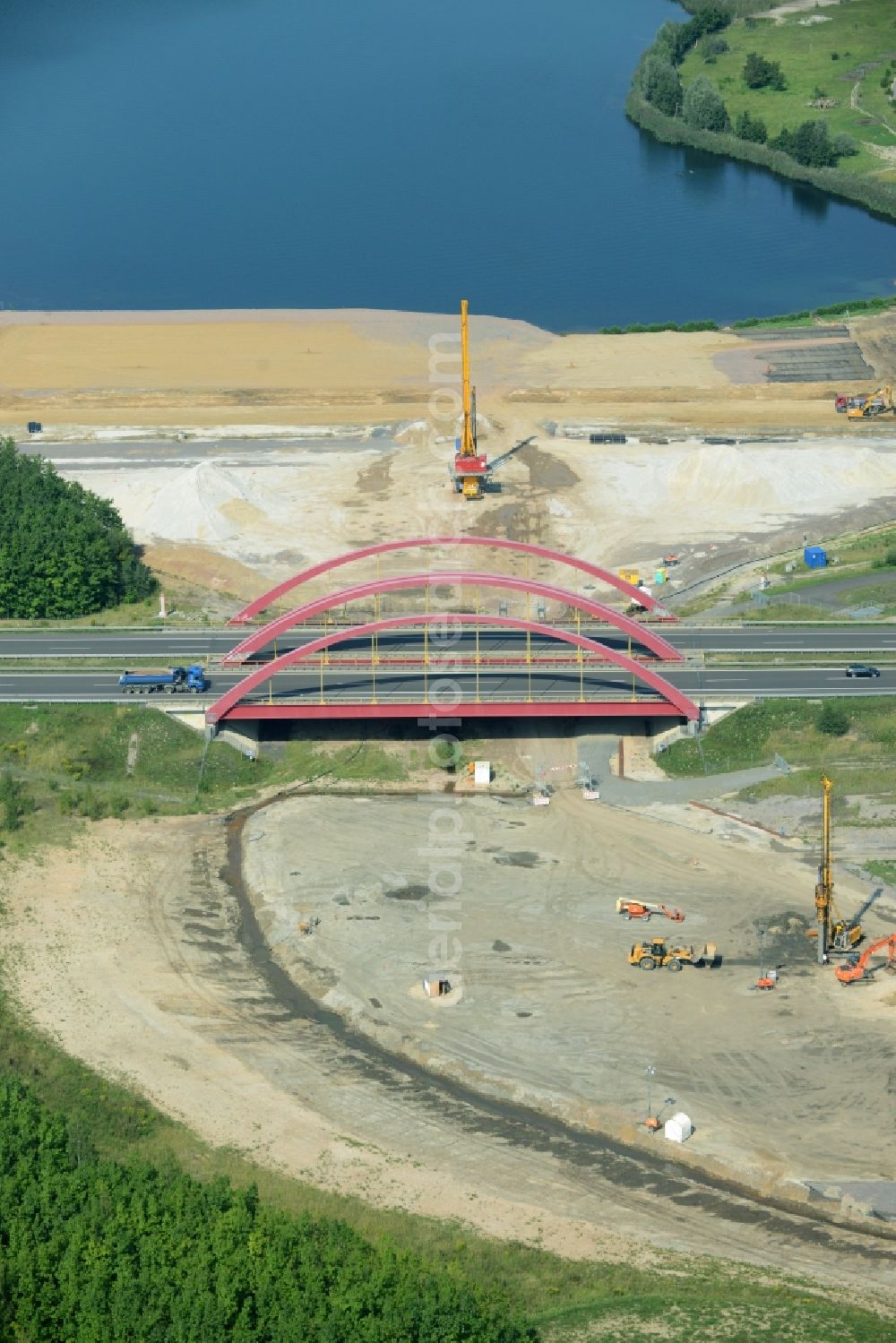 Aerial photograph Zwenkau - Construction Iste of new build connecting cannel Harthkanal between the Lake Zwenkau and Lake Cospuden with the leading highway bridge of the federal motorway A38 in Zwenkau in Saxony