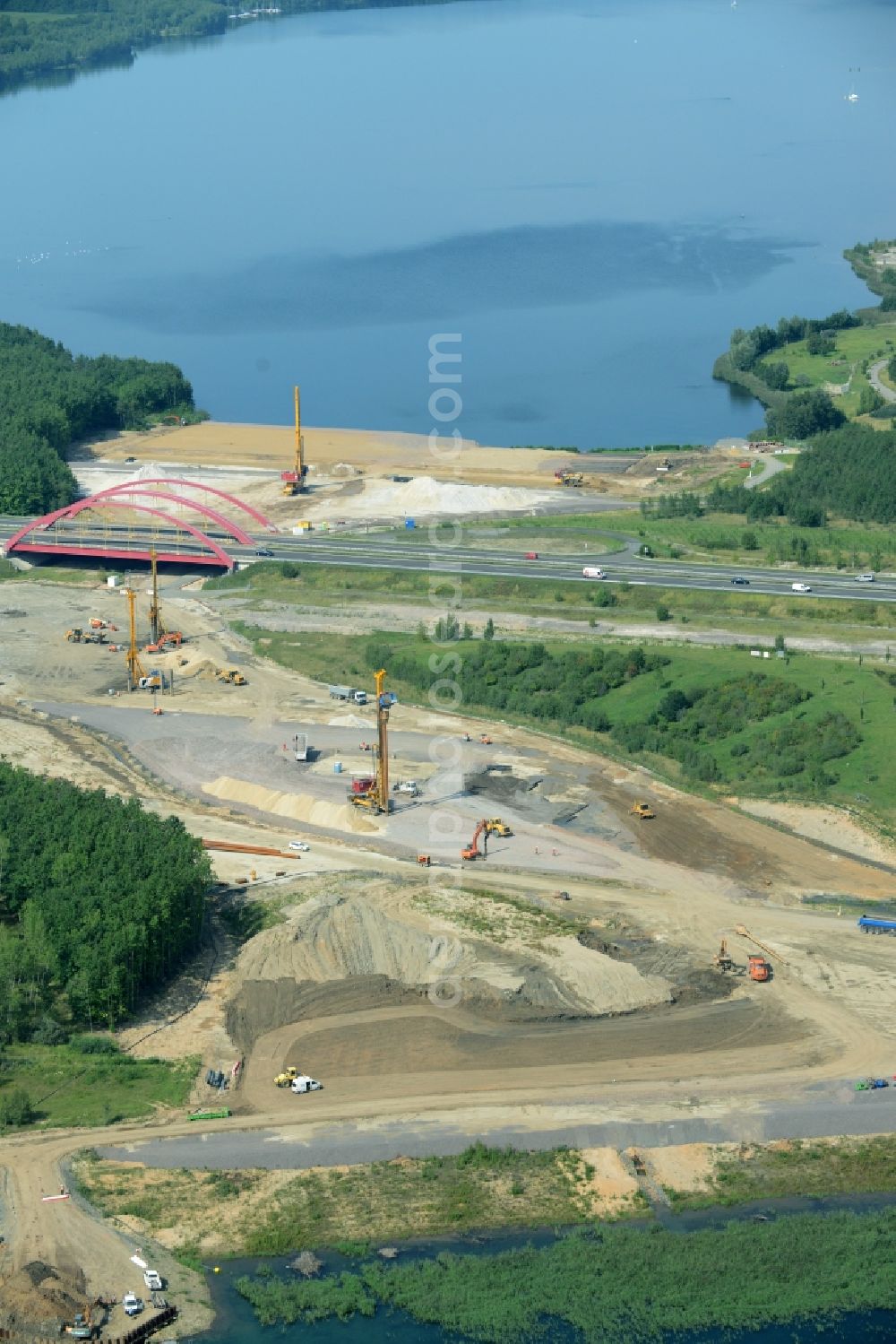 Aerial image Zwenkau - Construction Iste of new build connecting cannel Harthkanal between the Lake Zwenkau and Lake Cospuden with the leading highway bridge of the federal motorway A38 in Zwenkau in Saxony