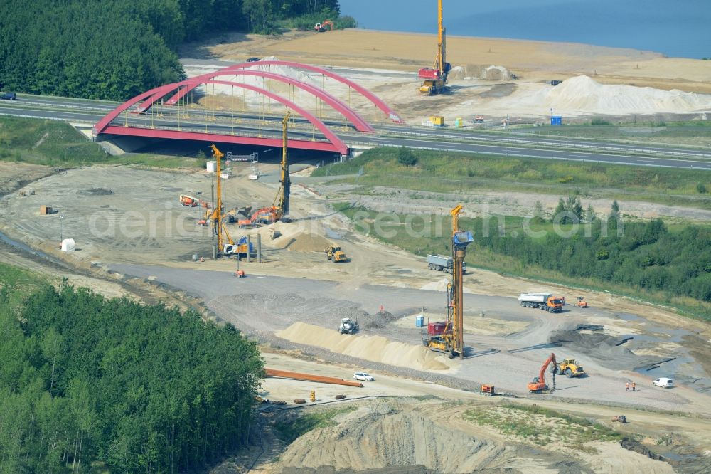 Zwenkau from above - Construction Iste of new build connecting cannel Harthkanal between the Lake Zwenkau and Lake Cospuden with the leading highway bridge of the federal motorway A38 in Zwenkau in Saxony