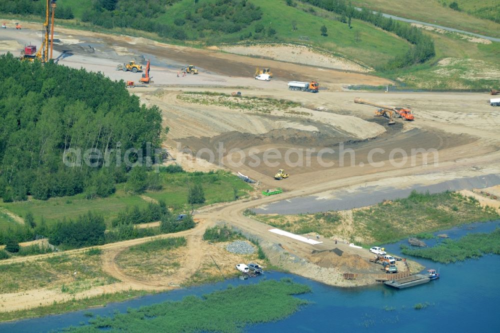 Aerial image Zwenkau - Construction Iste of new build connecting cannel Harthkanal between the Lake Zwenkau and Lake Cospuden with the leading highway bridge of the federal motorway A38 in Zwenkau in Saxony