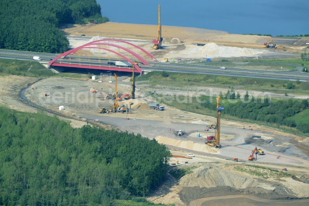 Aerial photograph Zwenkau - Construction Iste of new build connecting cannel Harthkanal between the Lake Zwenkau and Lake Cospuden with the leading highway bridge of the federal motorway A38 in Zwenkau in Saxony