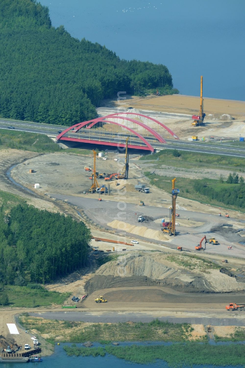 Zwenkau from above - Construction Iste of new build connecting cannel Harthkanal between the Lake Zwenkau and Lake Cospuden with the leading highway bridge of the federal motorway A38 in Zwenkau in Saxony