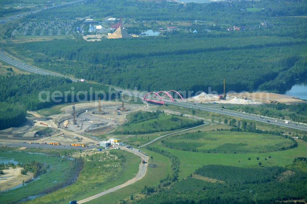 Aerial image Zwenkau - Construction Iste of new build connecting cannel Harthkanal between the Lake Zwenkau and Lake Cospuden with the leading highway bridge of the federal motorway A38 in Zwenkau in Saxony