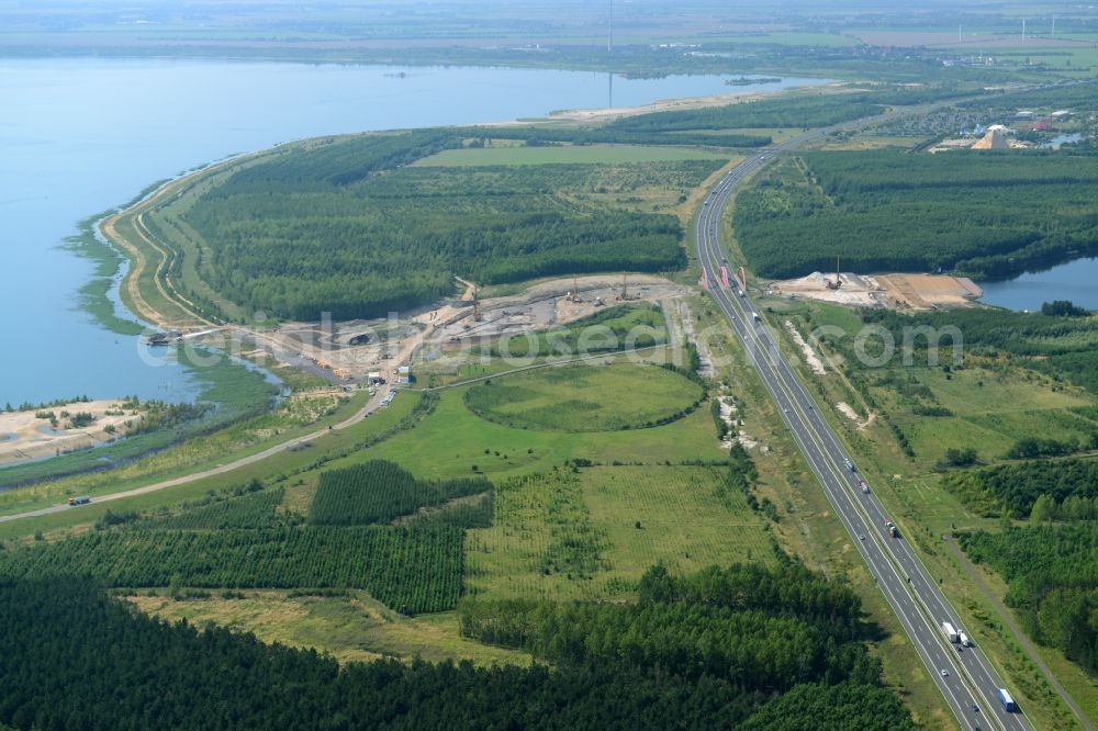 Aerial photograph Zwenkau - Construction Iste of new build connecting cannel Harthkanal between the Lake Zwenkau and Lake Cospuden with the leading highway bridge of the federal motorway A38 in Zwenkau in Saxony