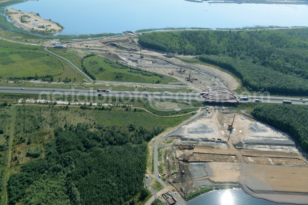 Aerial image Zwenkau - Construction Iste of new build connecting cannel Harthkanal between the Lake Zwenkau and Lake Cospuden with the leading highway bridge of the federal motorway A38 in Zwenkau in Saxony