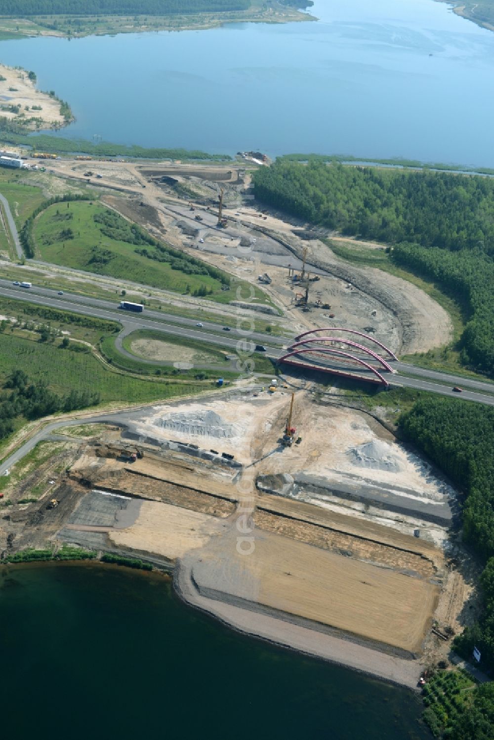 Aerial photograph Zwenkau - Construction Iste of new build connecting cannel Harthkanal between the Lake Zwenkau and Lake Cospuden with the leading highway bridge of the federal motorway A38 in Zwenkau in Saxony