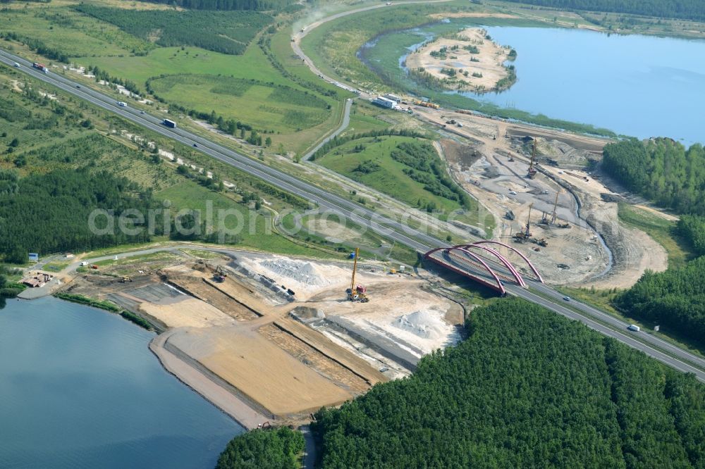 Aerial image Zwenkau - Construction Iste of new build connecting cannel Harthkanal between the Lake Zwenkau and Lake Cospuden with the leading highway bridge of the federal motorway A38 in Zwenkau in Saxony