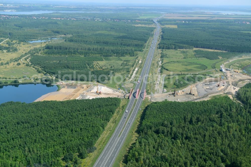 Zwenkau from above - Construction Iste of new build connecting cannel Harthkanal between the Lake Zwenkau and Lake Cospuden with the leading highway bridge of the federal motorway A38 in Zwenkau in Saxony