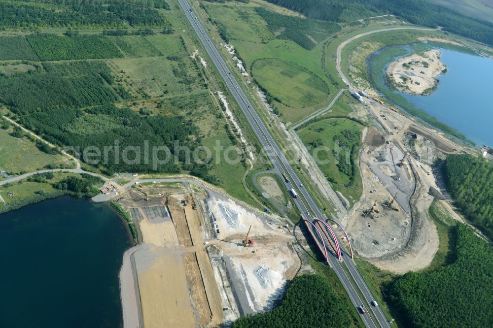 Aerial image Zwenkau - Construction Iste of new build connecting cannel Harthkanal between the Lake Zwenkau and Lake Cospuden with the leading highway bridge of the federal motorway A38 in Zwenkau in Saxony