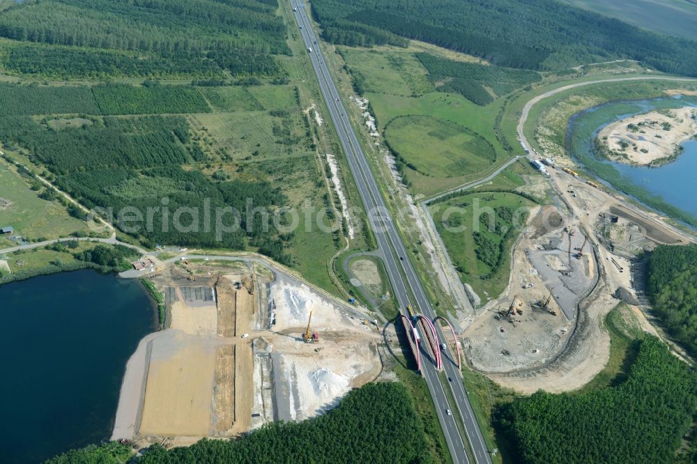 Aerial photograph Zwenkau - Construction Iste of new build connecting cannel Harthkanal between the Lake Zwenkau and Lake Cospuden with the leading highway bridge of the federal motorway A38 in Zwenkau in Saxony