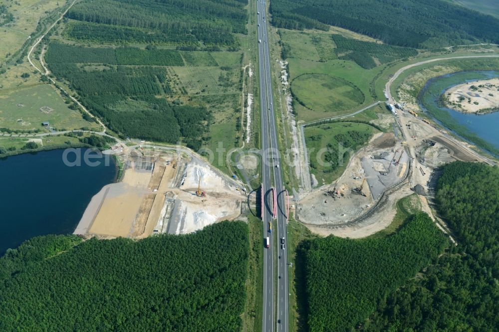 Zwenkau from above - Construction Iste of new build connecting cannel Harthkanal between the Lake Zwenkau and Lake Cospuden with the leading highway bridge of the federal motorway A38 in Zwenkau in Saxony