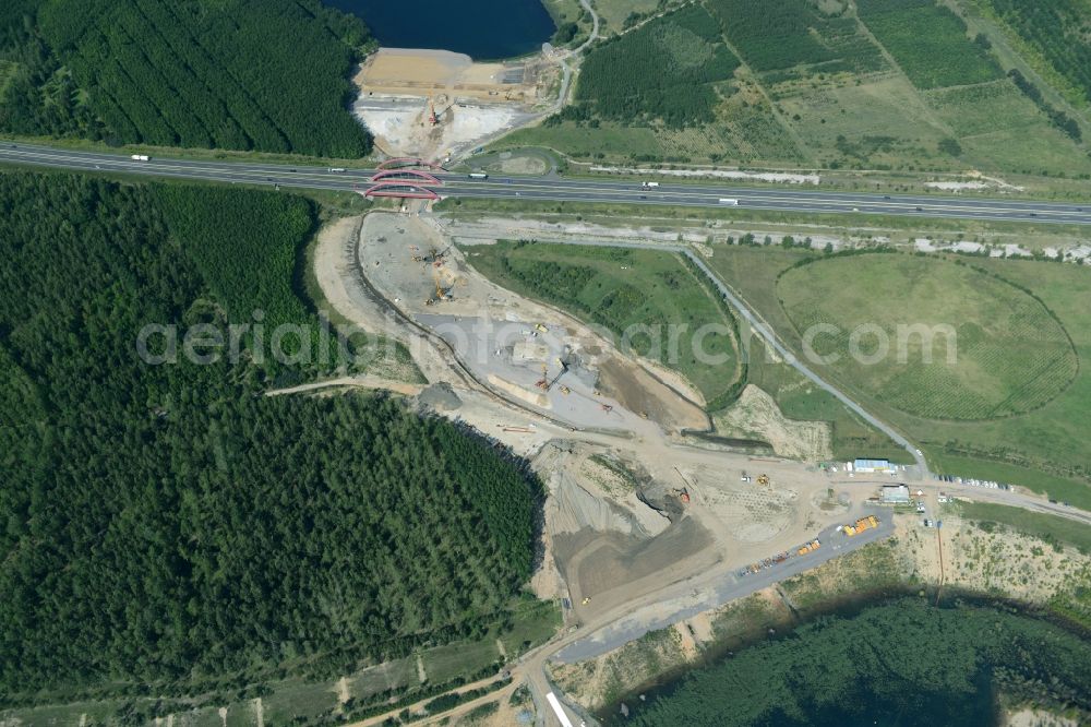 Aerial image Zwenkau - Construction Iste of new build connecting cannel Harthkanal between the Lake Zwenkau and Lake Cospuden with the leading highway bridge of the federal motorway A38 in Zwenkau in Saxony