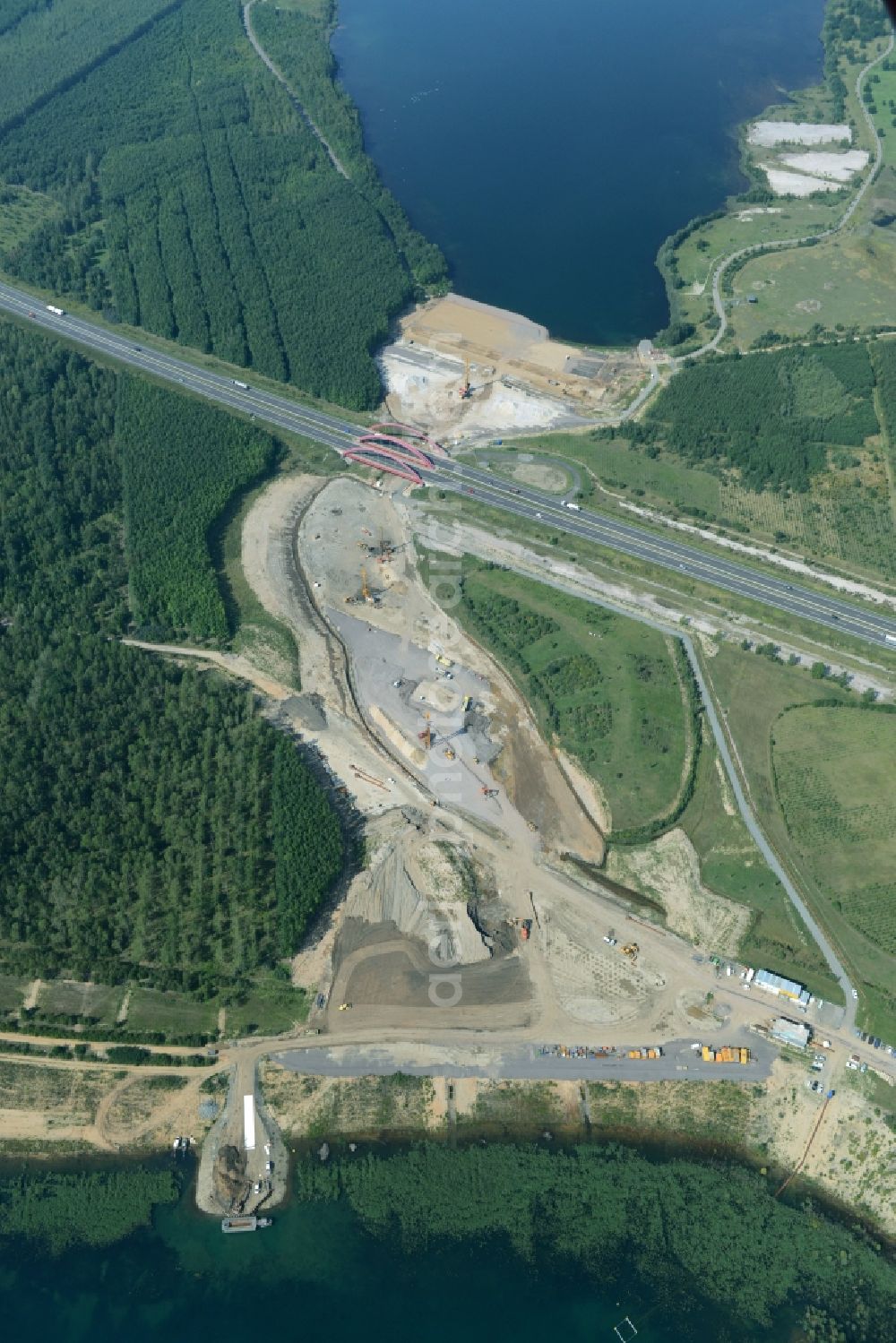 Aerial photograph Zwenkau - Construction Iste of new build connecting cannel Harthkanal between the Lake Zwenkau and Lake Cospuden with the leading highway bridge of the federal motorway A38 in Zwenkau in Saxony