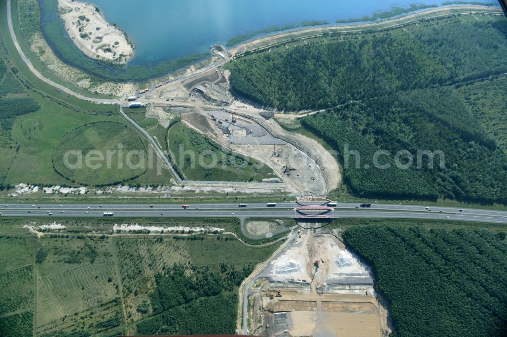 Zwenkau from above - Construction Iste of new build connecting cannel Harthkanal between the Lake Zwenkau and Lake Cospuden with the leading highway bridge of the federal motorway A38 in Zwenkau in Saxony