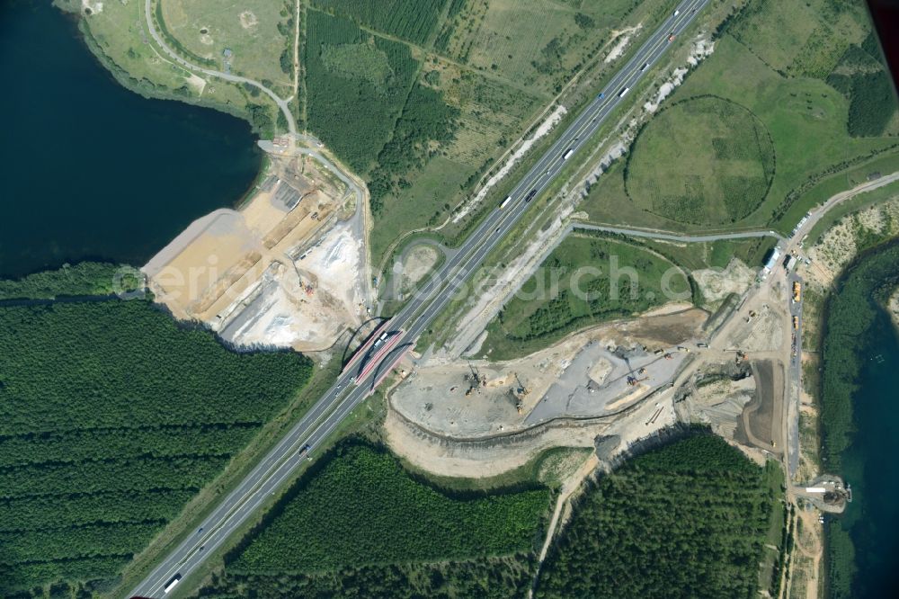 Aerial image Zwenkau - Construction Iste of new build connecting cannel Harthkanal between the Lake Zwenkau and Lake Cospuden with the leading highway bridge of the federal motorway A38 in Zwenkau in Saxony